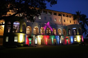 A look from the outside of the facility with its colorful lights.