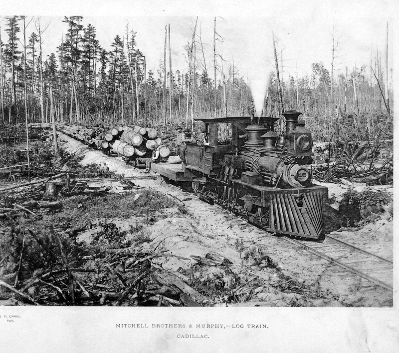Historical photo of the Shay Locomotive as a log train.
Photo from the Wexford County Historical Society with permission.