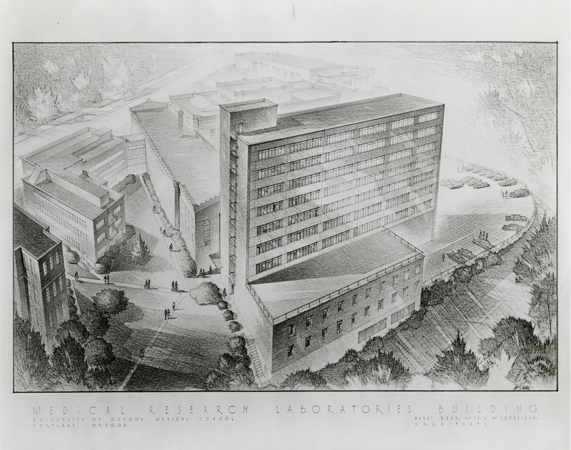 An architectural rendering depicts a tall modern building with nine stories against a backdrop of campus lawn and greenery. The bottom text reads "Medical Resarch Laboratories Building. University of Oregon Medical School. Portland, OR. Burns Bearn McNeil & Schneider architects.