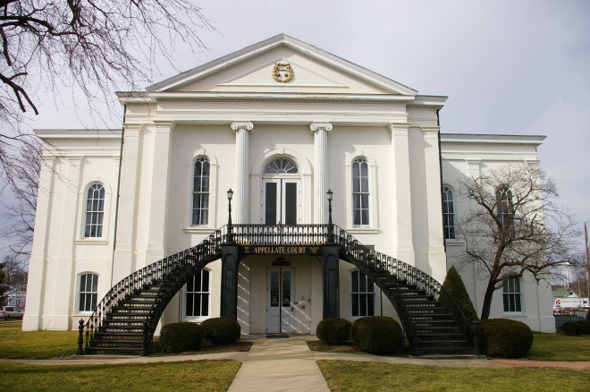Exterior of the courthouse with grand staircases.
