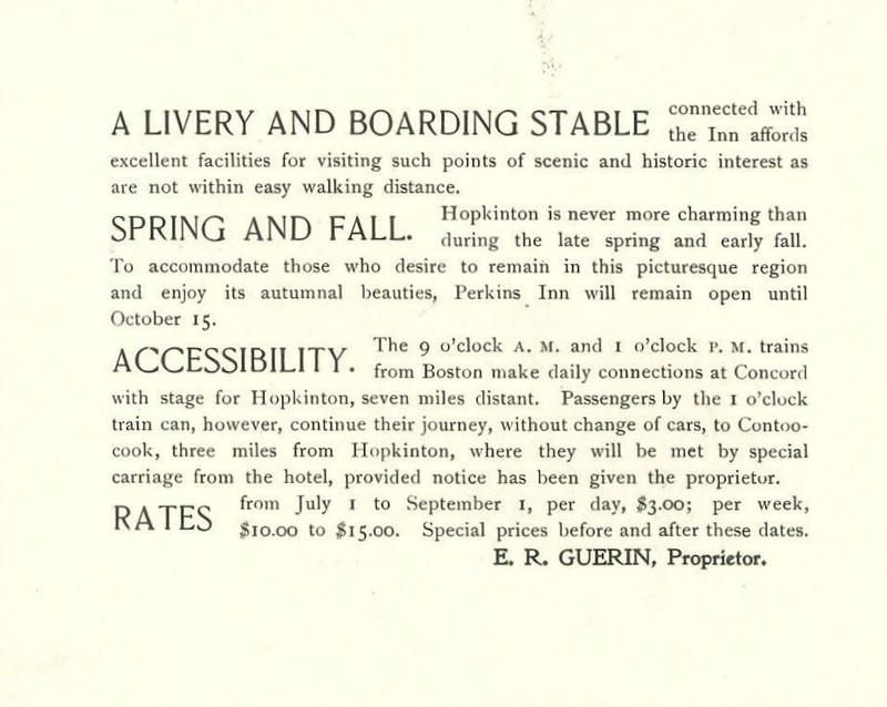 Perkins Inn advertising brochure highlighting the easy accessibility by rail.