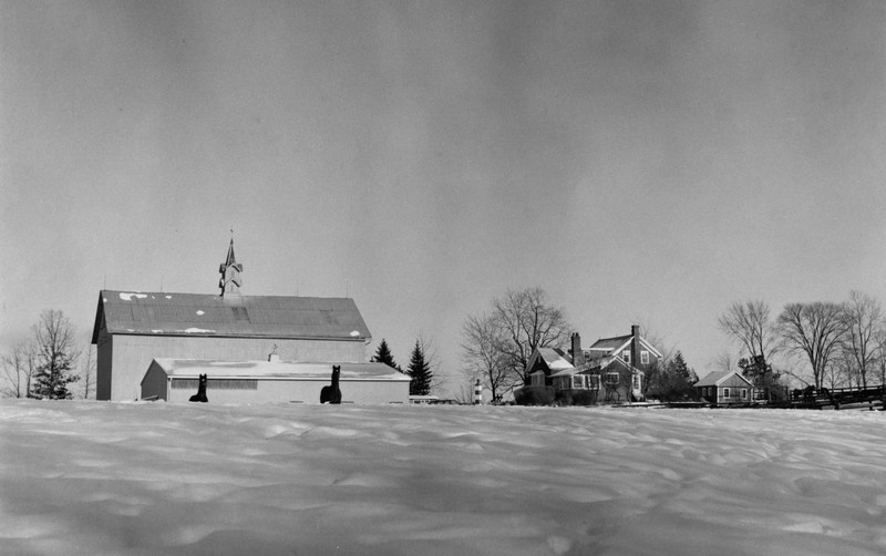 Another view of the barn with horses in the pasture.