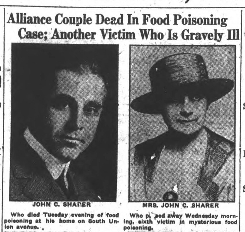 Headline and photos of Mr. & Mrs. John C. Sharer from The Alliance Review, August 27, 1919