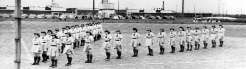 Prior to games, to support the war, teams would form a Victory "V," this is prior to a game at Bendix Field. (courtesy Center for History, South Bend)