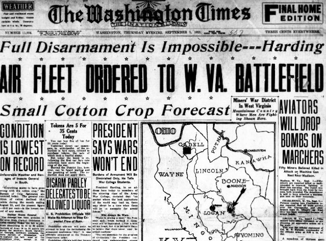 Washington Times, Sept 1, 1921, featuring a headline on the Battle of Blair Mountain.