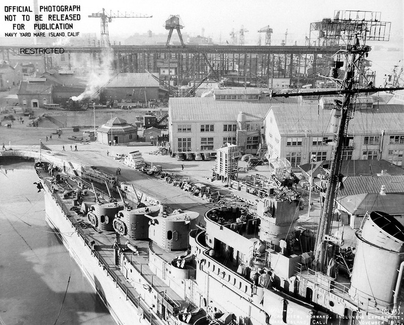 USS San Diego (CL 53) in Drydock #2 at Mare Island Naval Shipyard on 1 Nov 1945. Mare Island was home to the first drydock on the West Coast.