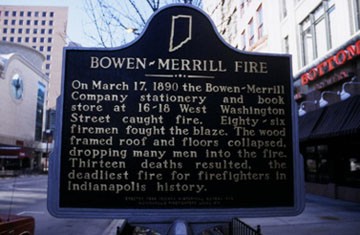 This historic marker was dedicated in 1999 by the Indiana Historical Bureau and Indianapolis Firefighters Local 416