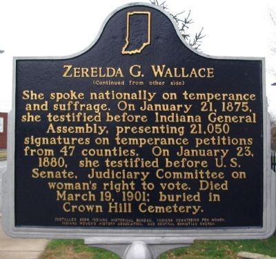 Zeralda Wallace was a leading advocate of temperance and an early voice for women's suffrage. This marker is located outside of Central Christian Church where she was a leading member. 