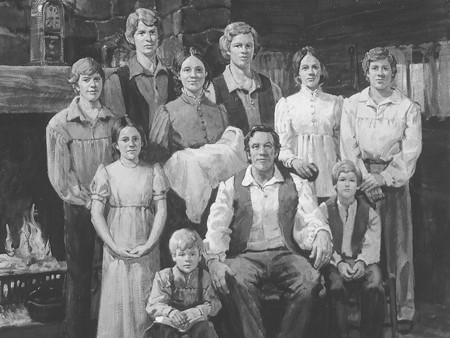 An artist's rendering of what the Smith family would have looked like after moving to New York from Vermont. Hyrum would be in the center standing, Samuel sitting to the left of father Joseph Sr., Joseph Jr., standing to the right of mother.