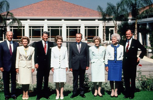 Gerald and Betty Ford, Ronald and Nancy Reagan, Richard and Patricia Nixon, and Barbara and George Bush Attend the Opening of the Nixon Library, 1990