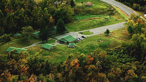 Overhead shot of the museum, out buildings and mounds.