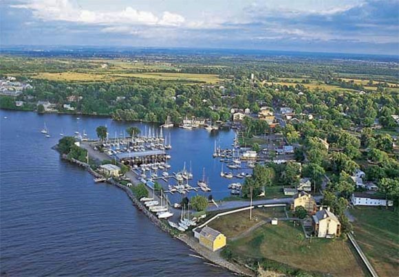 Aerial view of the town with the battlefield site on the lower right