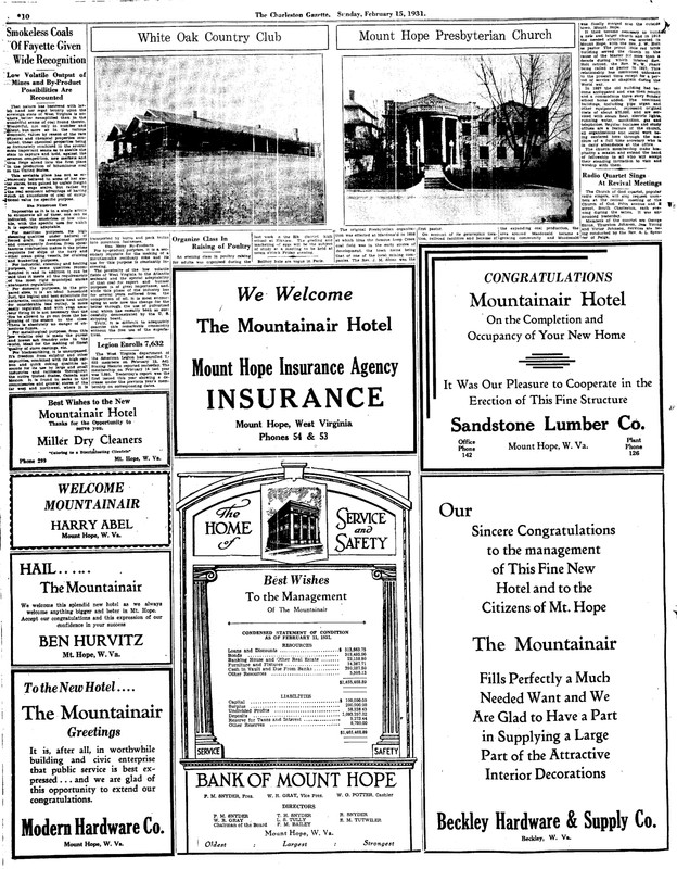 This is part of a special section of the Charleston Gazette that featured all the amenities of the town of Mount Hope offered travelers to the area.  