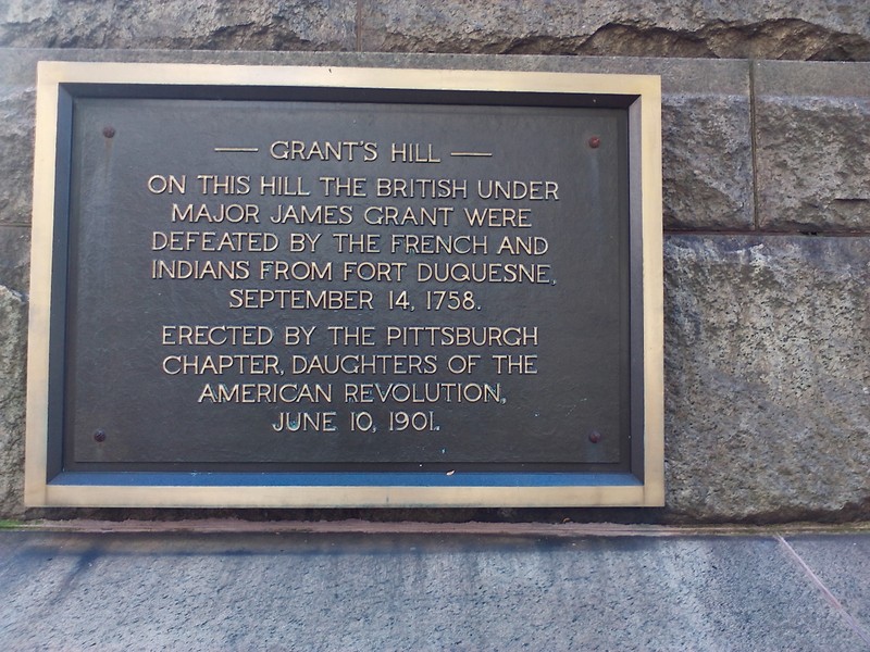 Historic Marker commemorating the battle of September 14, 1758, located on the Allegheny County Courthouse, corner of Grant Street and Fifth Avenue, Pittsburgh, PA 15219.