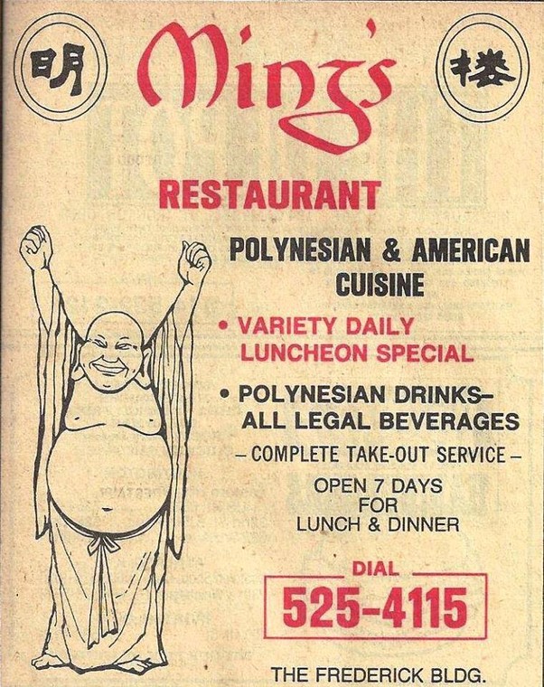 Ad for Ming's while it was in the Frederick