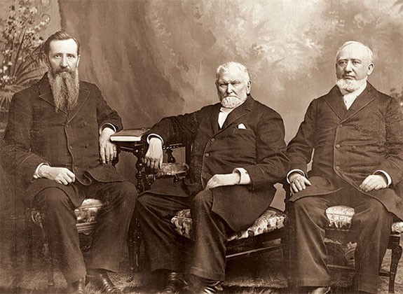 Wilford Woodruff (center) with George Q. Cannon, First Counselor (right), and Joseph F. Smith, Second Counselor (left), Sainsbury and Johnson photography studio, 1893. Courtesy of Church History Library, Salt Lake City.