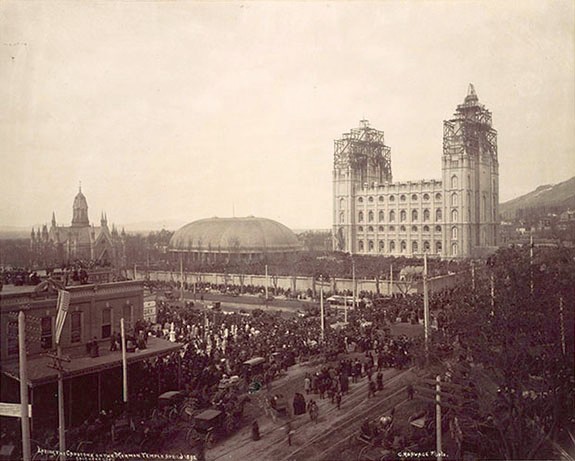 Laying the capstone of the Salt Lake Temple, April 6, 1892. Photograph by Charles R. Savage. Courtesy of Church History Library, Salt Lake City. Wilford Woodruff dedicated the temple the same day.