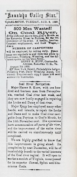 Advertisement for workers for workers on the Coal River from the Kanawha Valley Star, Aug. 9, 1868.  Taken from Kanawha Valley Images, pg. 69. 