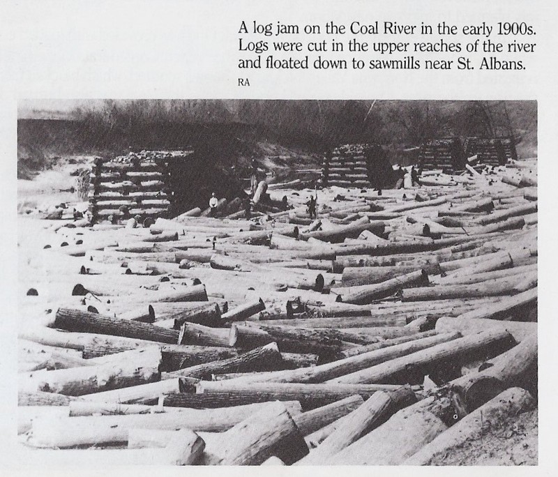 Photo of log jam on the Coal River.  Notice men on logs and log booms. Some of the log booms are still present today in the form of vegetation covered islands in the middle of the river.  Taken from Kanawha Valley Images, pg. 70.