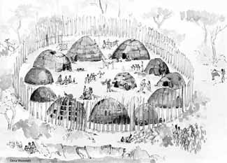 artistic rendering of Occaneechi Village by Orna Weinroth, 1998. Courtesy of UNC Research Laboratories of Archaeology.