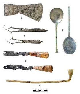 European artifacts found at the Occaneechi site, demonstrating early trade networks and interaction between Occaneechi and European settlers. Courtesy of UNC Research Laboratories of Archaeology.