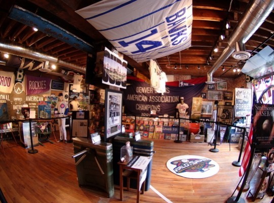 Take a look inside of B's Ballpark Museum. A few items on display can be seen in this image. 