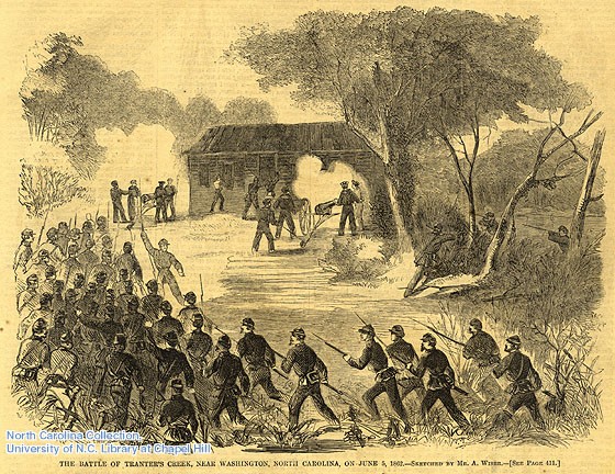 Battle of Tranter's Creek
Beaufort County, Tranter's Creek, N.C. "The Battle of Tranter's Creek, near Washington, North Carolina, on June 5, 1862." Harper's Weekly, June 28, 1862, p. 413.
