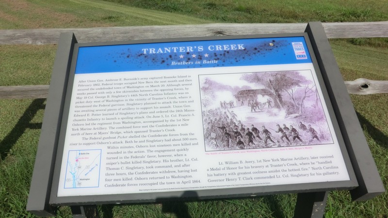 Tranter's Creek marker is located in Beaufort County, North Carolina and was installed in December 2007. It is located on the south side of U.S. Highway 264, about eight miles west of Washington and about one mile south of the battle site.