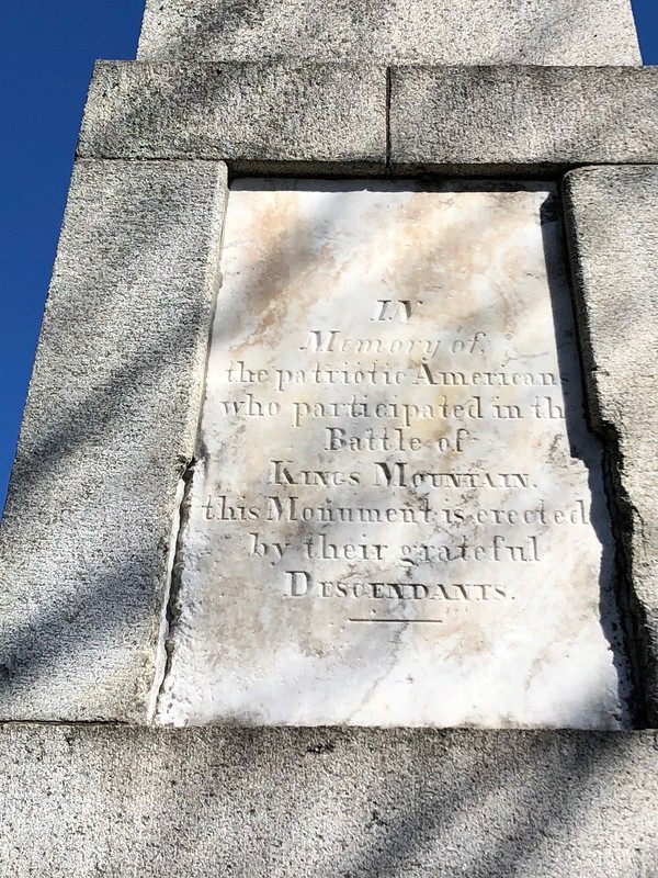 Front inscription on Battle of Kings Mountain Centennial Monument