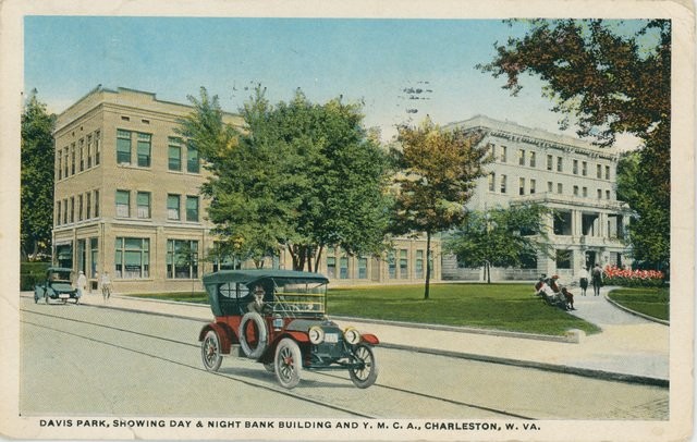 A postcard view of Davis Park from Capitol Street. The YMCA is the white building on the right. Courtesy of the West Virginia Encyclopedia.