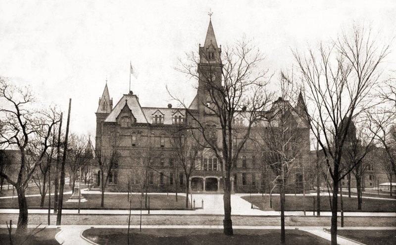 The old State Capitol building, which burned down in 1921. View is from Davis Park, looking across Capitol Street. Courtesy of Jerry Waters, MyWVHome.