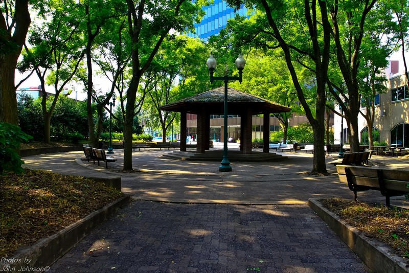 The gazebo which stands on the old site of the YMCA in what is now part of Davis Park. Photo by John Johnson.