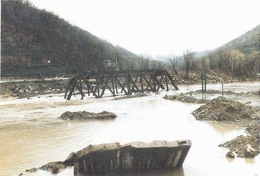 The Rowlesburg Bridge over Cheat River after the 1985 flood. Courtesy of WVNews.com.