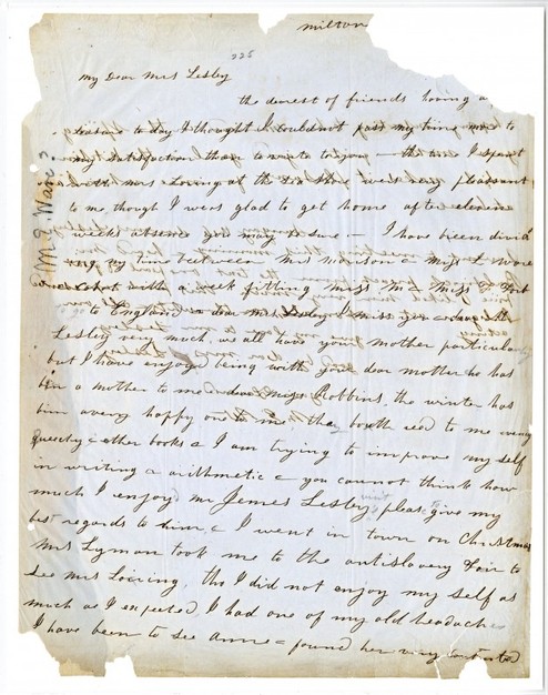 Photo of a handwritten letter, with some of the edges torn off