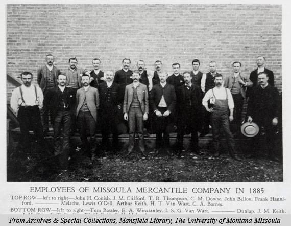 A picture of the employees working at the newly named Missoula Mercantile Company in 1885. Image courtesy of mtmemory.org