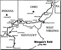 Map of the route that Morgan's raid journeyed.