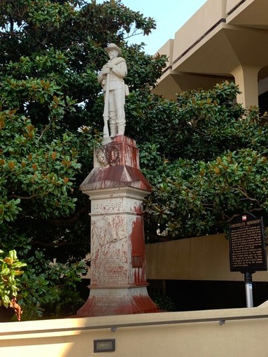 Red paint was splattered over the Confederate monument in the summer of 2020