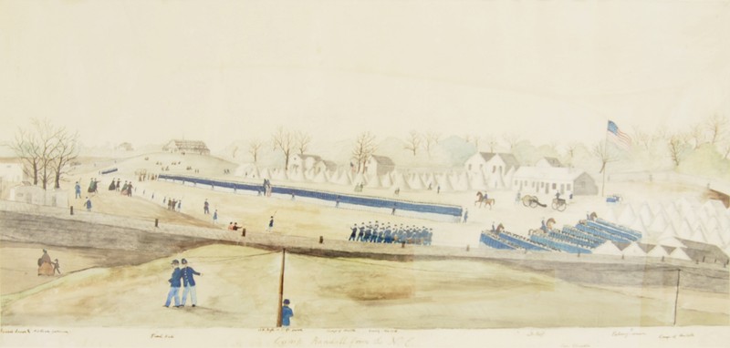 View of Camp Randall, Madison, Wisconsin, ca. Dec. 1861, by Corporal John Gaddis, 12th Wisconsin Infantry Regiment. From northeast; shows 12th and 16th Wisconsin Infantry Regiments, buildings, rolling hills, tents, buildings, horses, and military members in formation. 