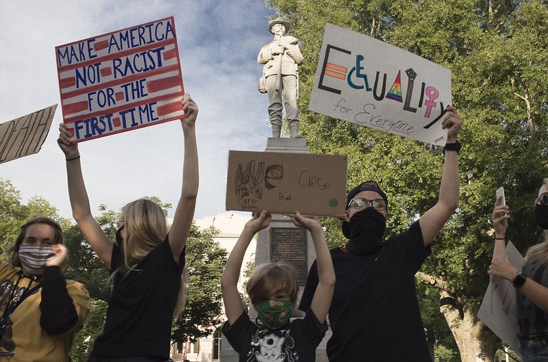 Protestors in front of Bentonville's Confederate Monument on June 1, 2020