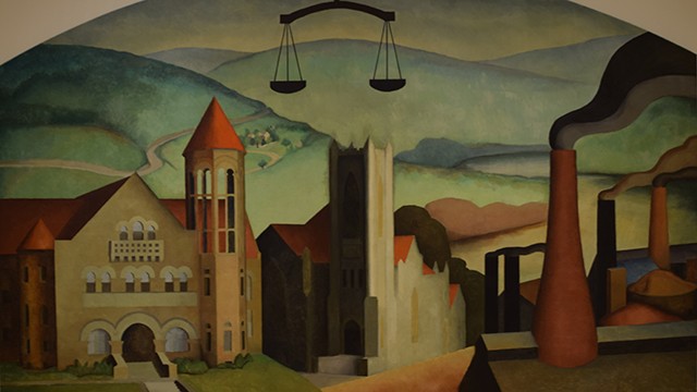 Blanche Lazzell's "Justice" depicts scenes familiar to those who have visited Morgantown. Funded by the Public Works Art Project in the 1930s, the mural shows WVU's Stewart Hall, the First Methodist Episcopal Church, and glass factory smokestacks.