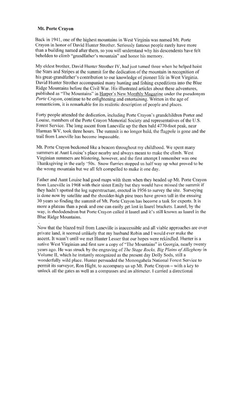 Page 1 of a written account of the naming of Mount Porte Crayon by Sara Strother King, great-great grand-daughter of David Hunter Strother.