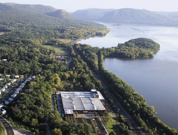 Aerial view of the museum and the Hudson River