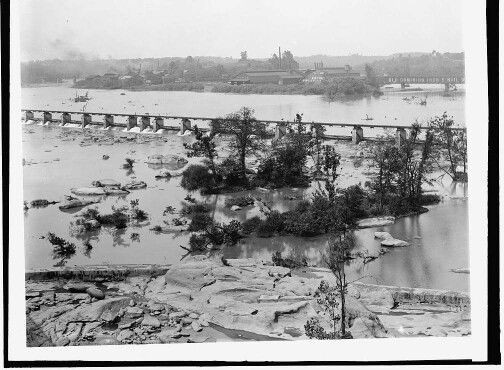 1908 photo of Belle Isle (in distance) and train-bridge over the James River