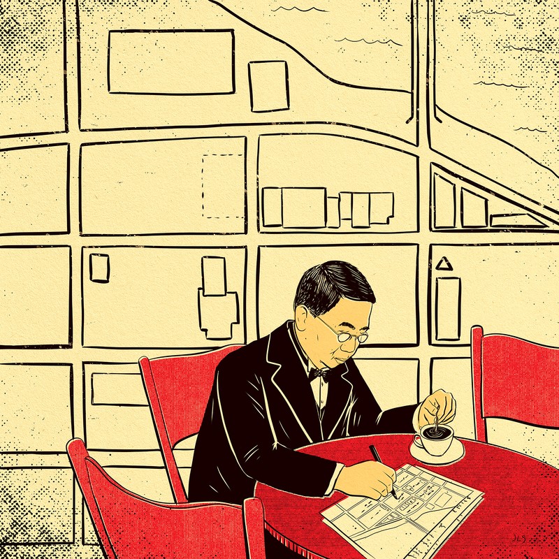 Coloured illustrated image of Chinese man at a table with a map, pen, and coffee. There is a map of Calgary's third Chinatown in the background.