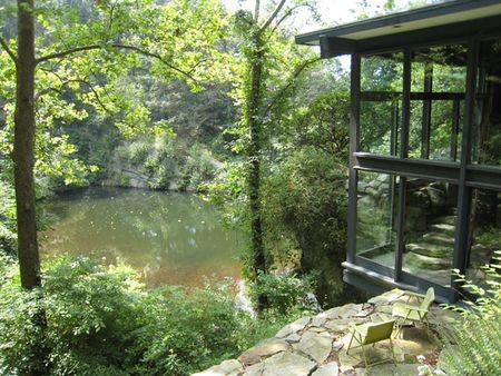 Large expanses of glass allows view of the pool and surrounding woods