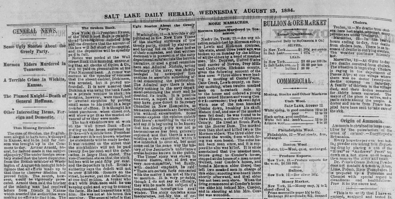 August 13, 1884 Salt Lake Daily Herald newspaper with article on the Cane Creek Massacre