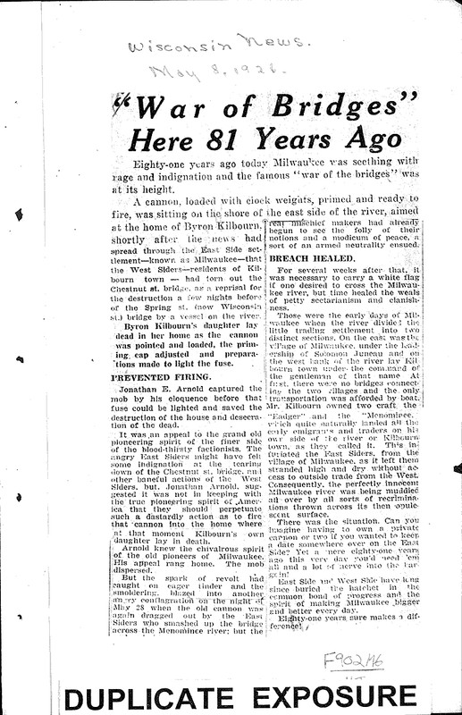 "War of bridges" here 81 years ago, newspaper clipping, published in Milwaukee Wisconsin News on May 8, 1926
