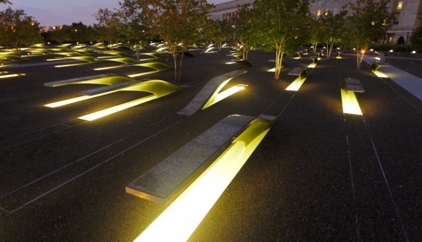 Picture at night displaying the illuminating pond that reflects light below each bench. Photo courtesy of Terry Hall
