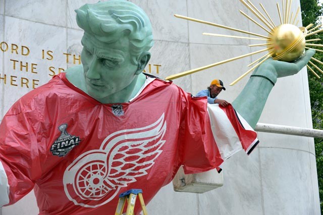 Spirit of Detroit in a Red Wings Jersey