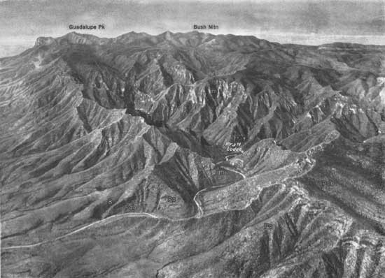 Aerial view of Guadalupe Mountains, TX., showing the kind of rough terrain the Mescalero Apaches were forced to adapt and live on.  
Photo courtesy of the National Park Service 